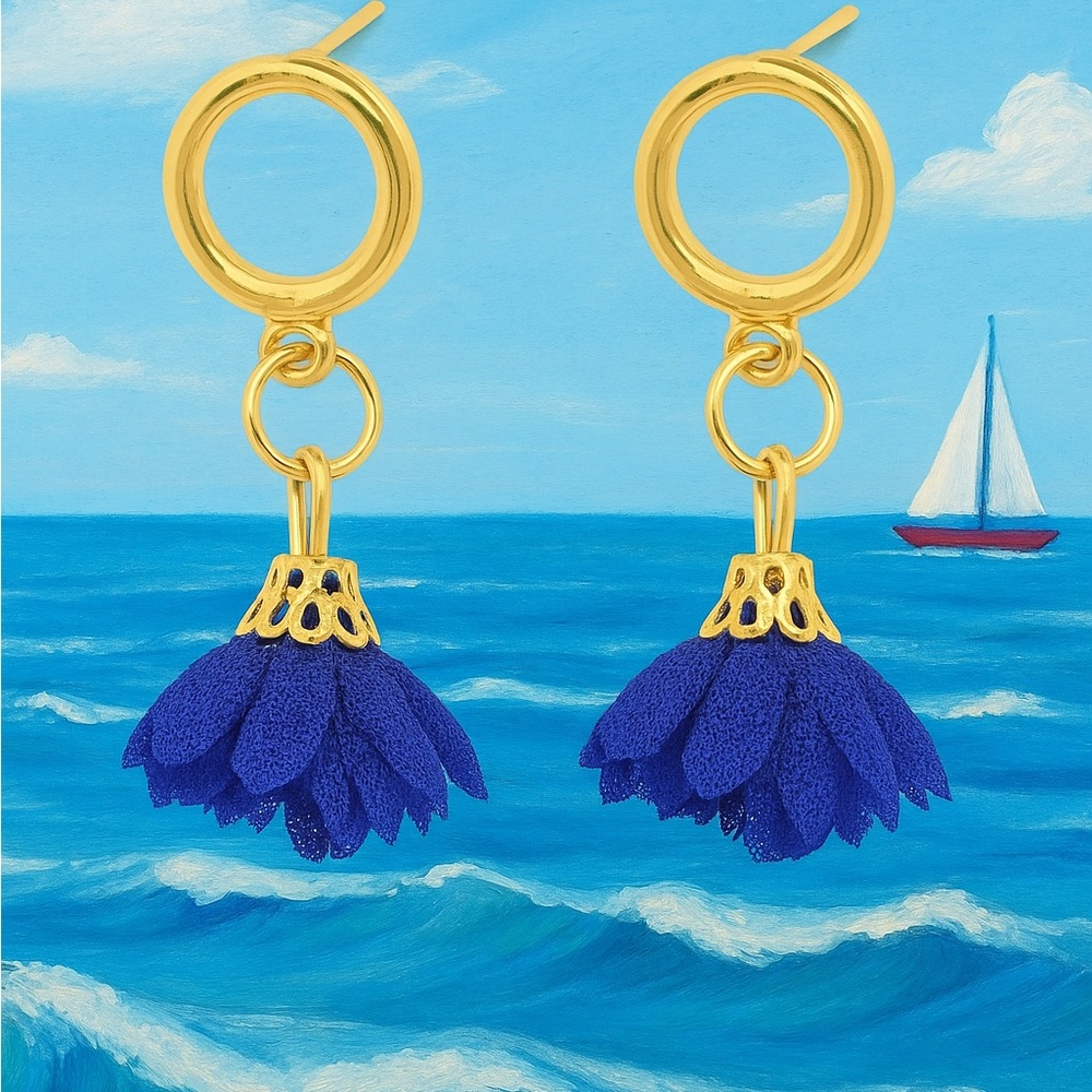 Blue and Gold Hanging Tassel Flower Earrings